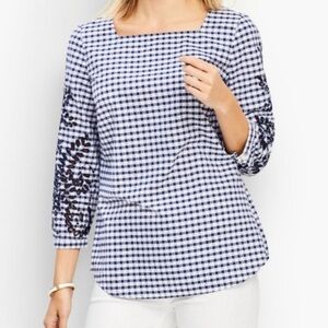 Talbots Navy White Gingham Embroidered Eyelet 3/4 Sleeves | Size MP
